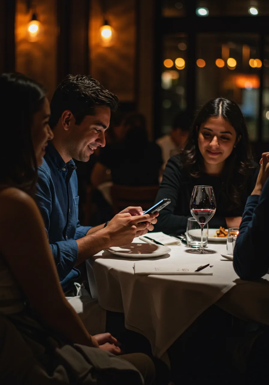 Una mesa de noche: un comensal sonríe mirando su teléfono mientras el resto conversa.