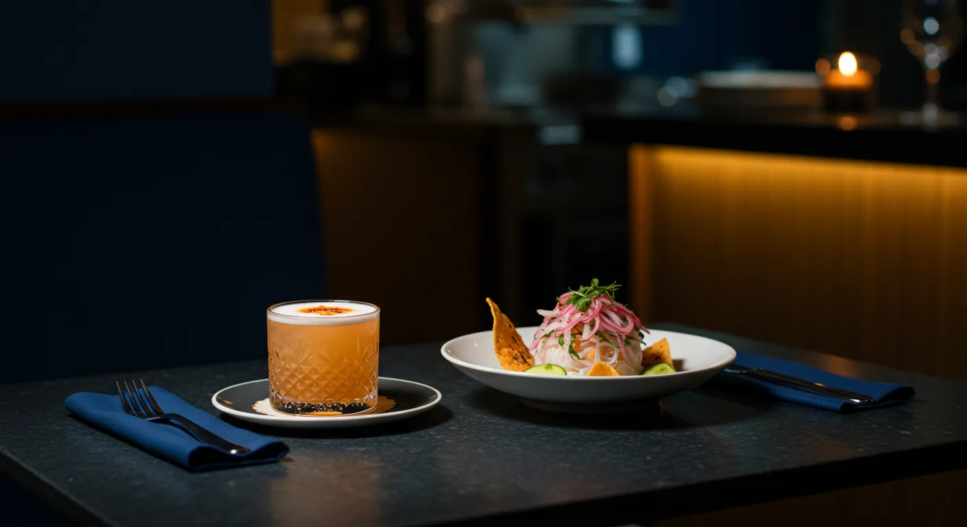Mesa servida de noche: un ceviche y un trago ámbar sobre piedra oscura, la cocina al fondo en penumbra.