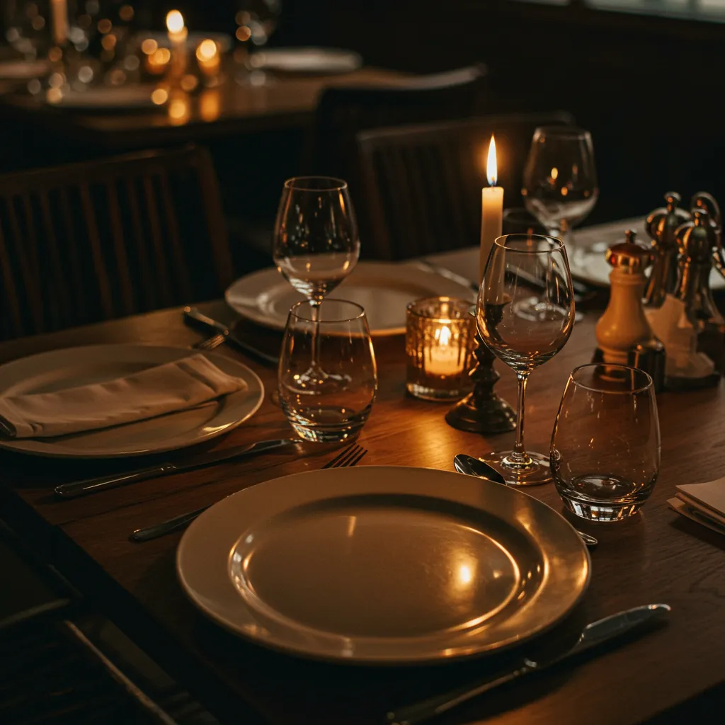 Una mesa puesta de noche: copas, cubiertos y una vela encendida.