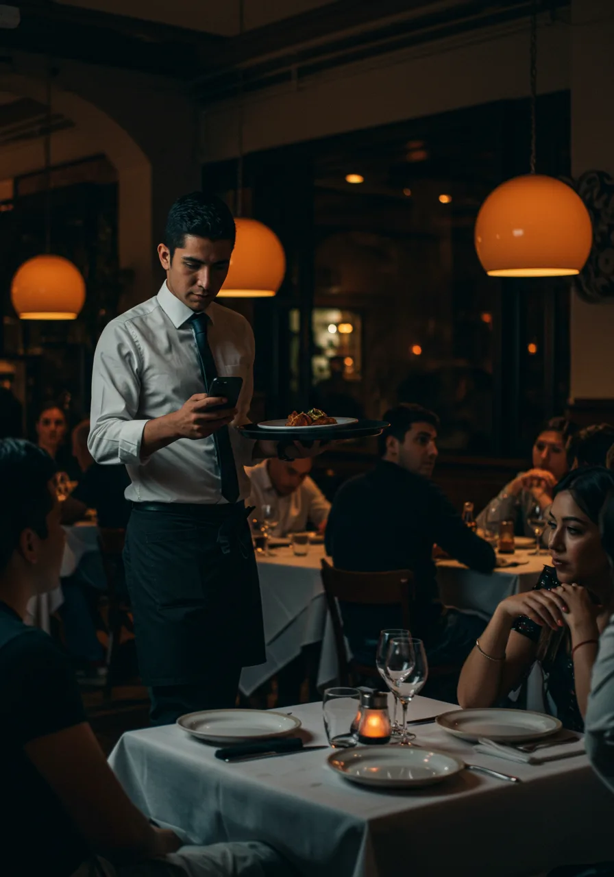 Un mesero cruza el salón de noche con un plato en la mano y el teléfono en la otra.