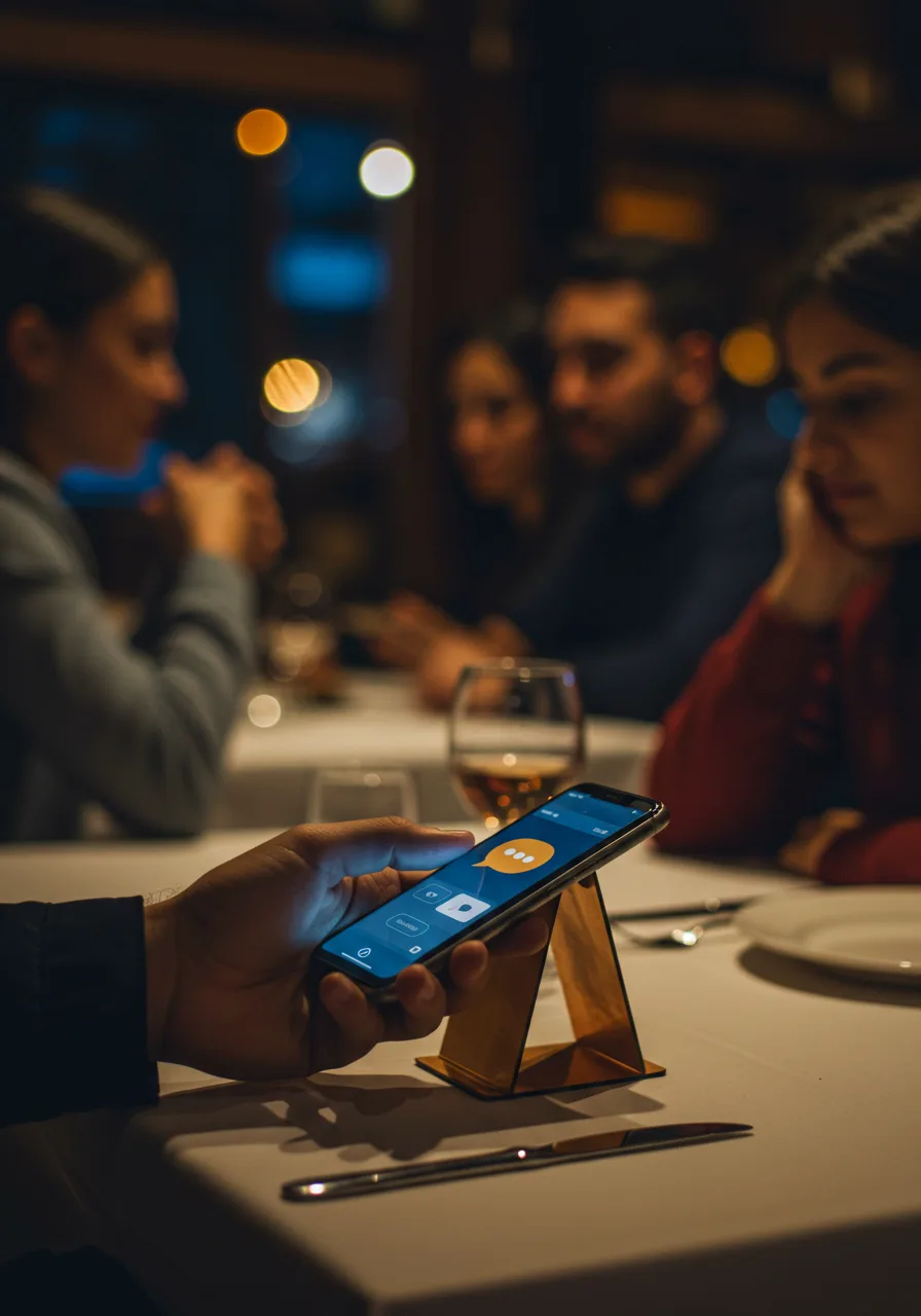 Una mano sostiene el teléfono sobre el mantel: la mesa acaba de escanear el QR.