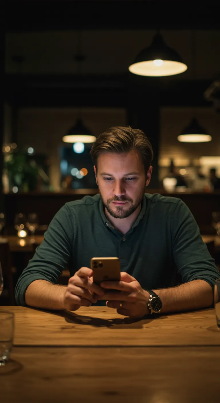 Un comensal escribe en su teléfono a la luz de la mesa.