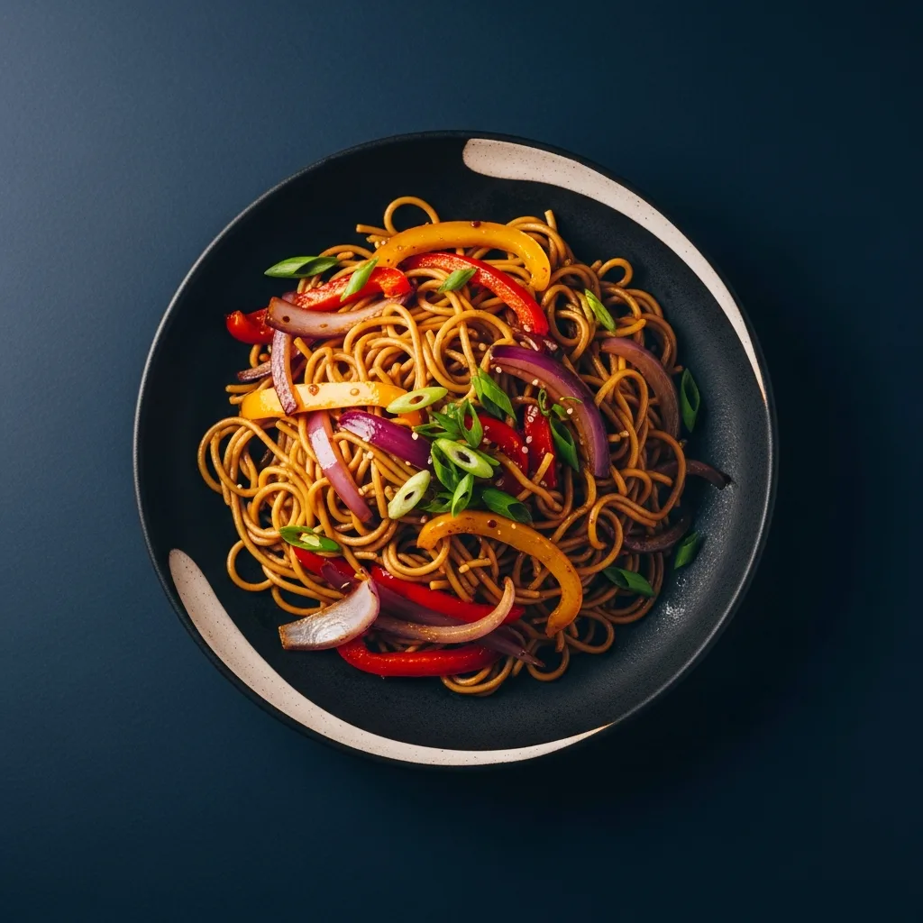 Un tallarín saltado de verduras servido sobre fondo azul profundo, visto desde arriba.