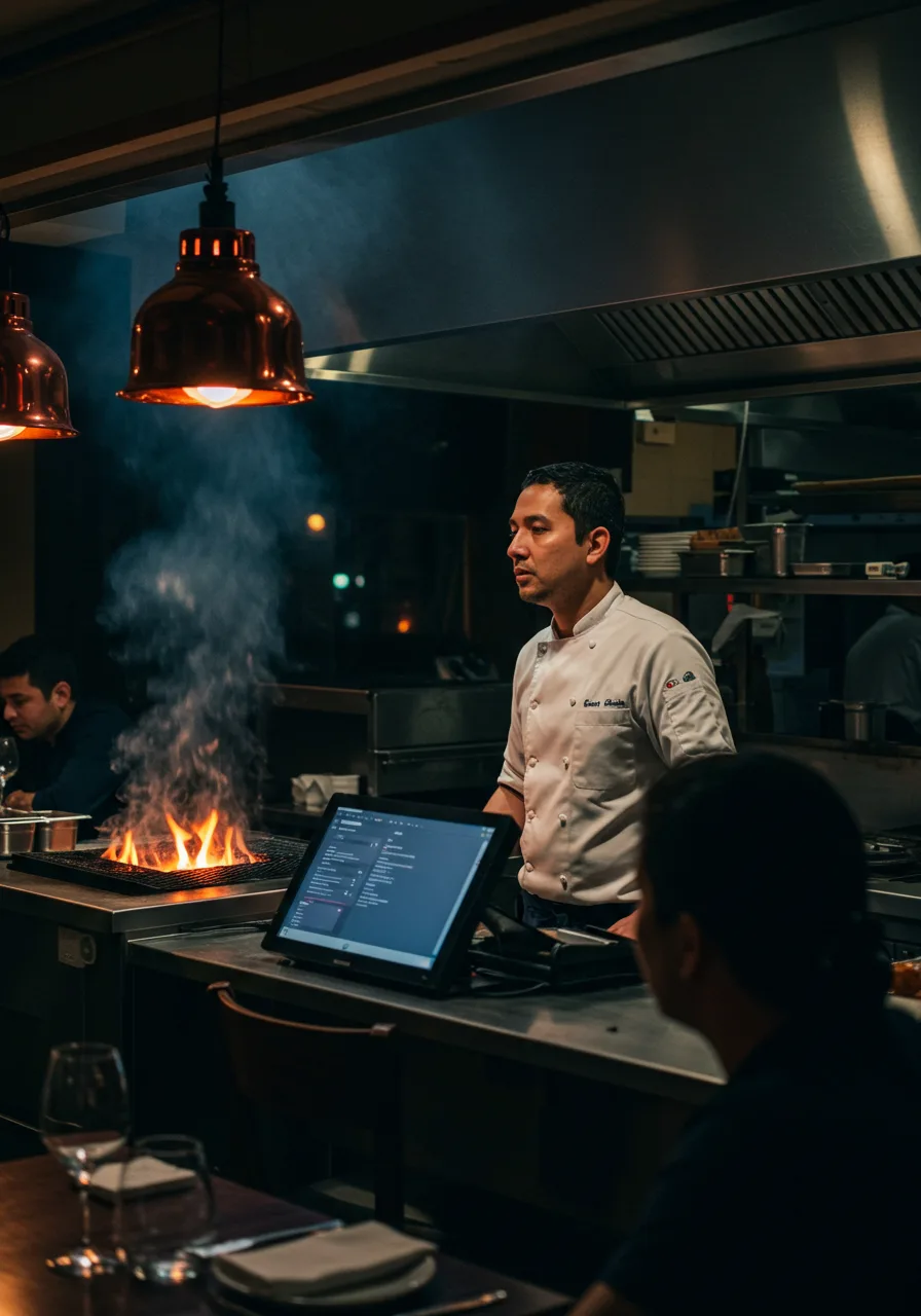 La cocina de noche: el pase encendido y la comanda en pantalla.