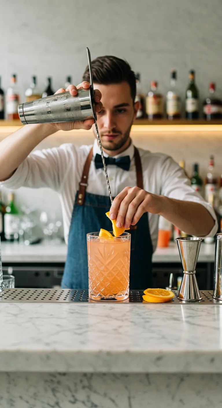 El barman termina un cóctel en la barra.