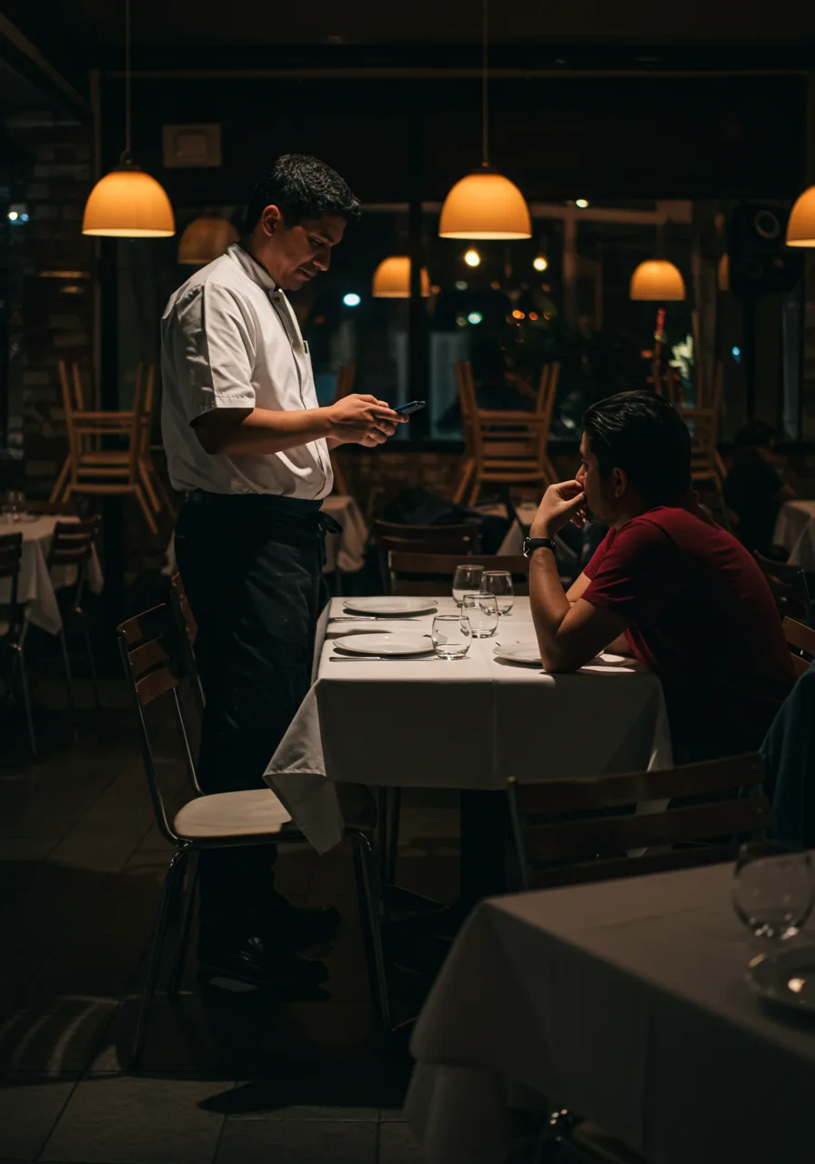 Un mesero se acerca a la mesa con el teléfono en la mano.