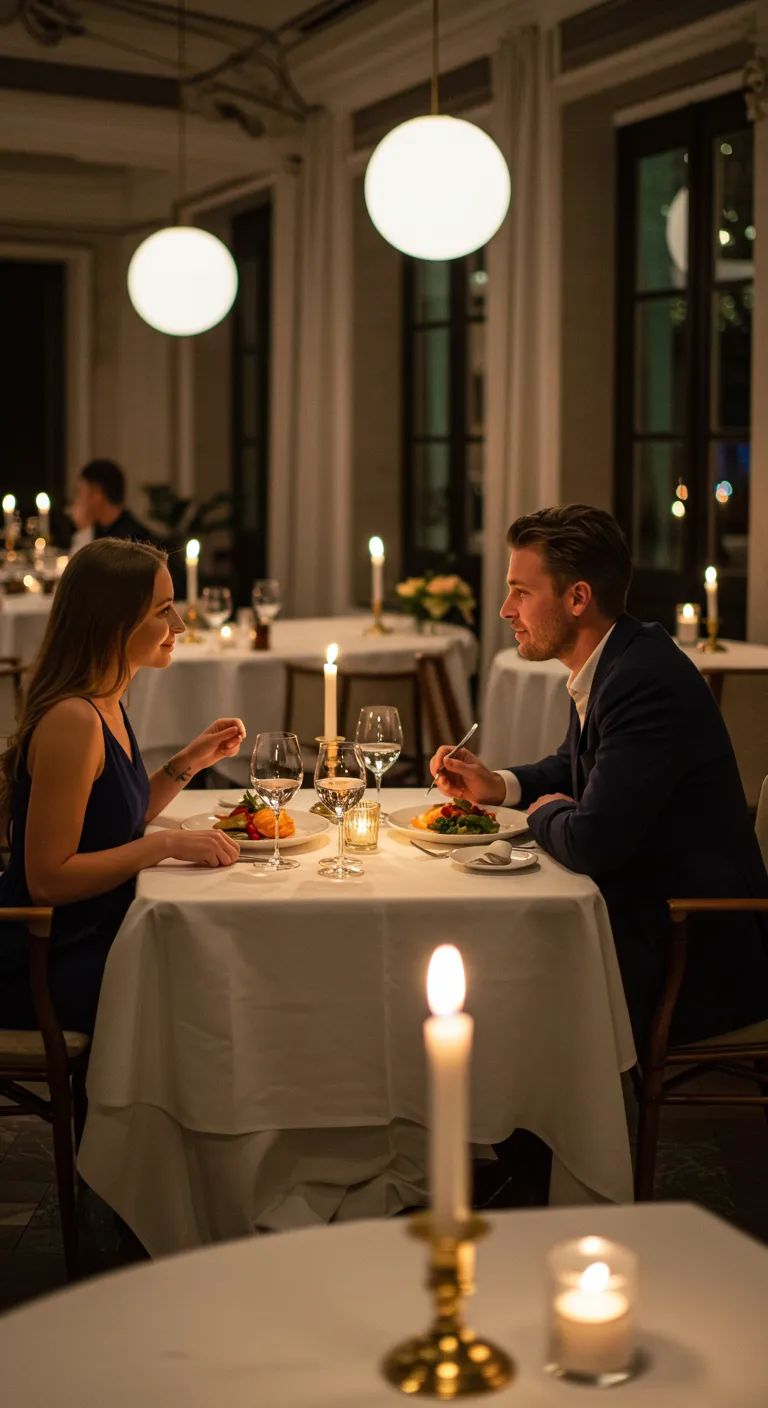 Una pareja cena a la luz de las velas en un salón de noche, sin nadie esperando junto a la mesa.