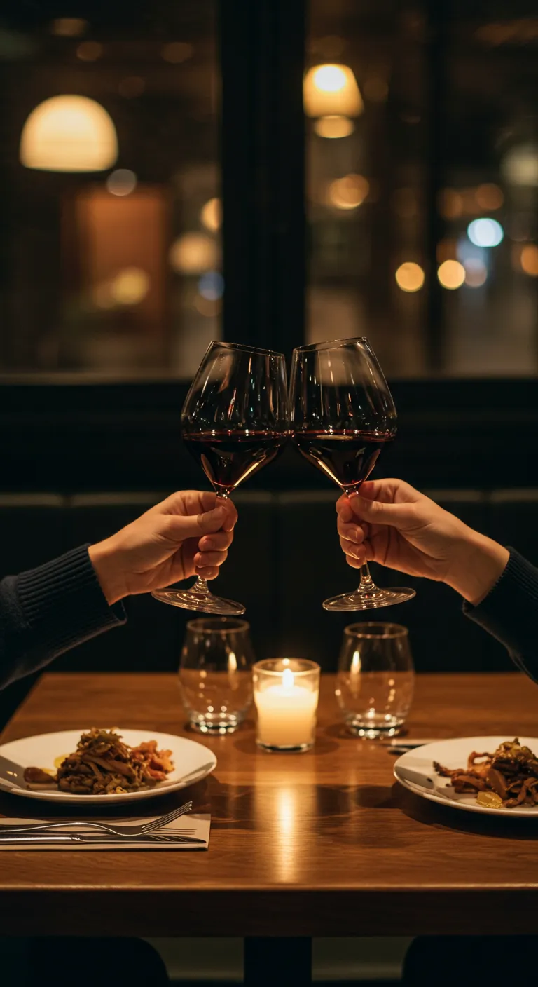 Dos personas brindan con copas de vino sobre la mesa, con una vela encendida al lado.