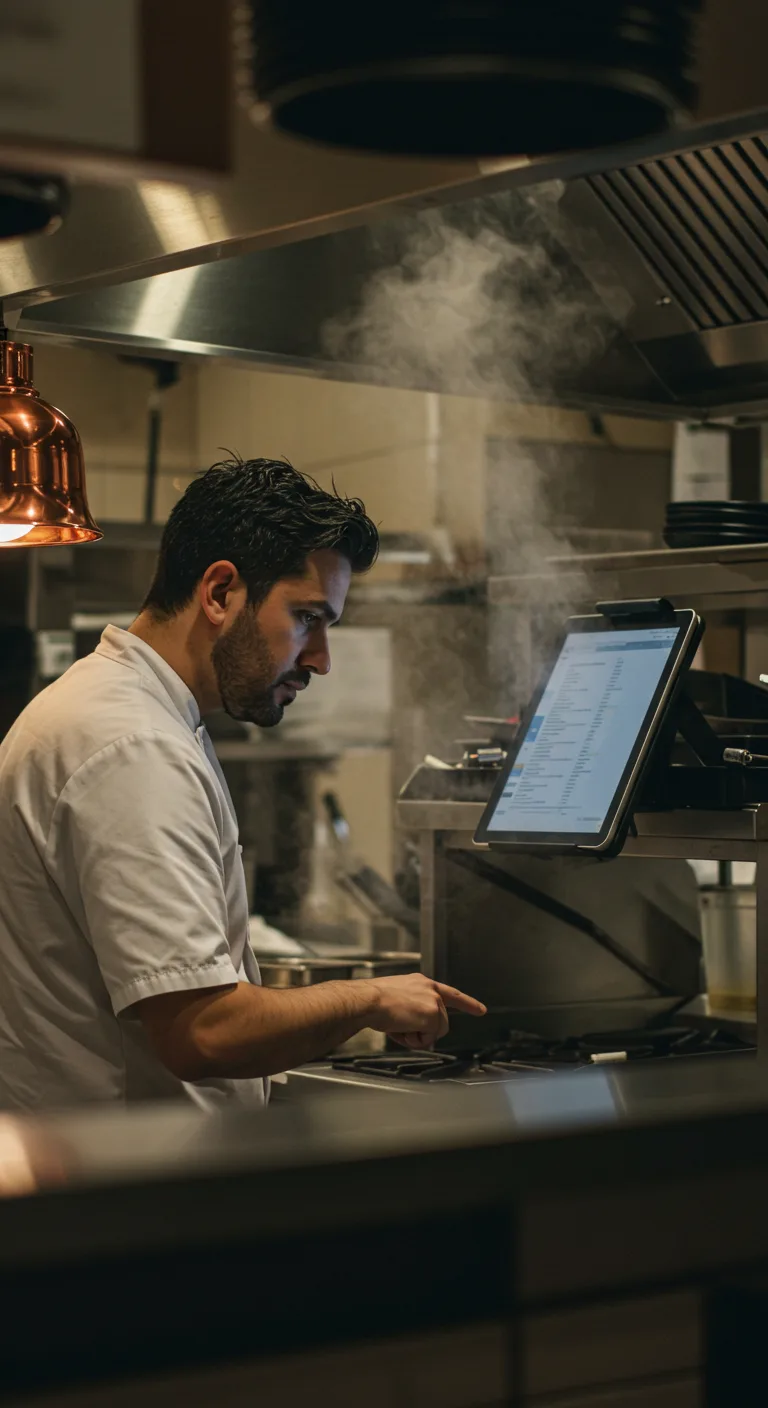 Un cocinero trabaja frente a la pantalla de comandas.