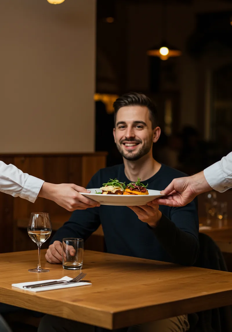 Un comensal recibe su plato y sonríe.