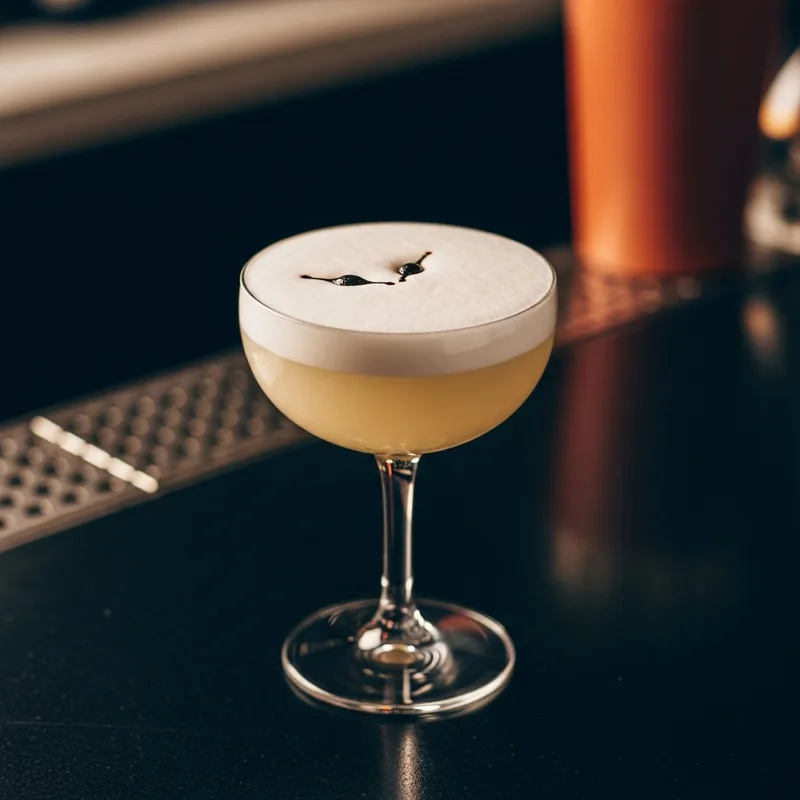 Un pisco sour servido sobre fondo oscuro.